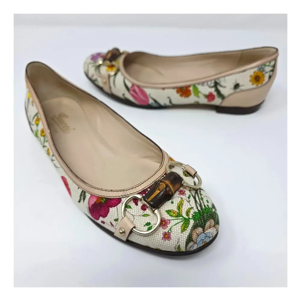 Gucci Horsebit Ballerina Floral Vintage Bamboo Flats Canvas Leather IT 36C 6